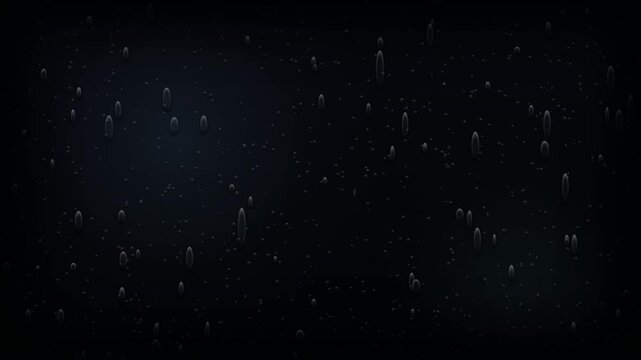 Heavy rain droplets trickling down a glass surface, distorting a dark, murky background.