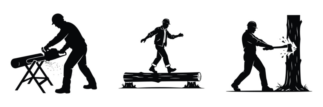 Lumberjack and logger silhouette set, man cutting log with chainsaw, walking across log, chopping tree trunk with axe vector collection