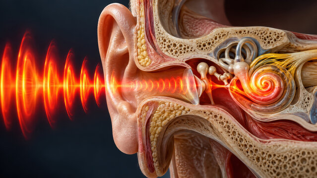Human ear anatomy is shown in detailed cross section with sound waves entering ear canal and reaching cochlea, illustrating process of hearing and auditory function