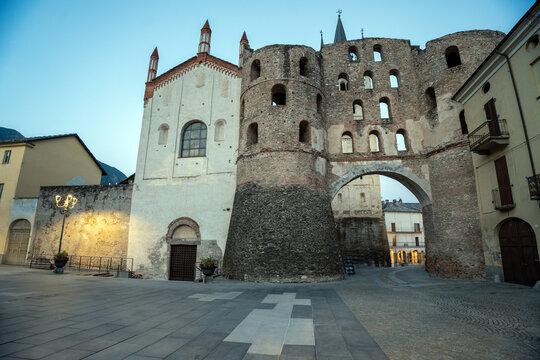 Ancient Roman Porta Savoia and San Giusto Cathedral in Susa, Piedmont, Italy