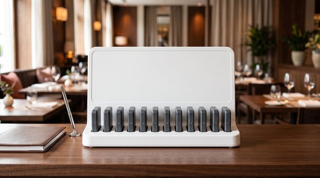 Restaurant Guest Pager System Charging Station on a Wooden Hostess Stand Counter