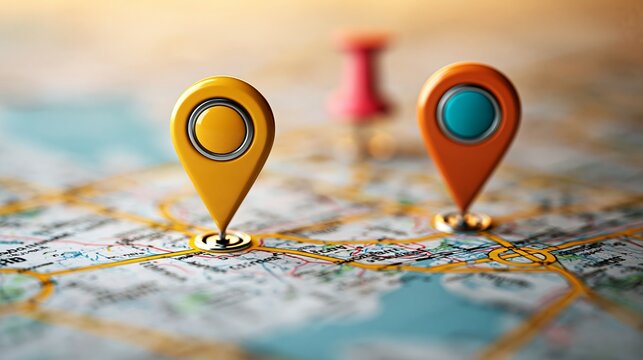 Vibrant yellow and orange plastic navigation pins standing proudly on a detailed vintage paper map with blurred background