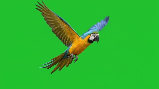 Dynamic blue-and-yellow macaw animal in flight against a bright green screen background