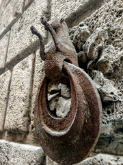 Obraz premium Medieval wrought-iron horse-tethering ring embedded in stone wall of historic building in Siena, Italy