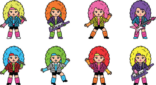 Retro 1980s Girl Pop Star Character Collection Featuring Neon Colored Outfits Big Hair Singers Musicians Keytar and Electric Guitar Players