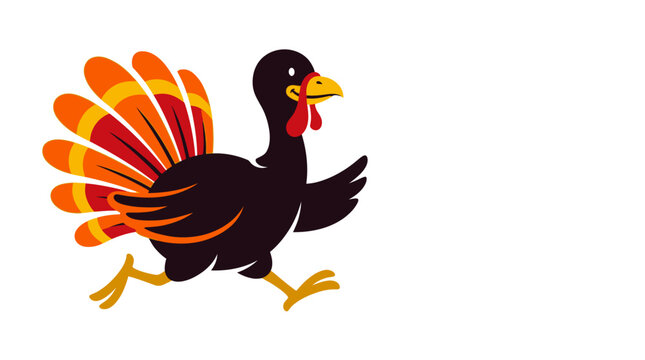 Cartoon running turkey vector, happy thanksgiving bird character with colorful tail feathers, funny farm animal mascot for holiday designs