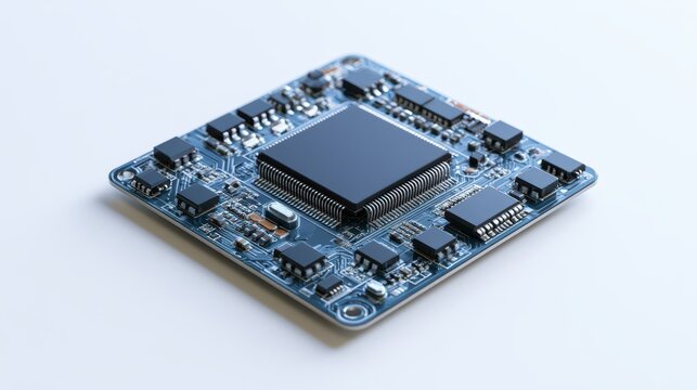 Generic microcontroller board with central processing chip on blue