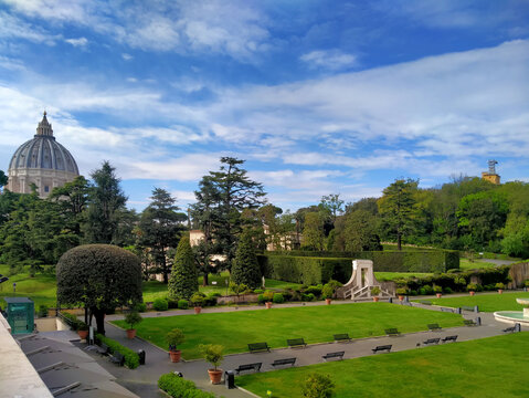 Vatican Gardens, with the dome of St. Peter's Basilica, Vatican