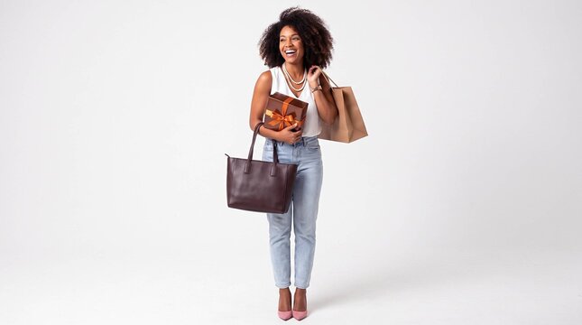 Happy woman holding shopping bags and gift box on white background, laughing shopper, retail therapy, sale, holiday shopping