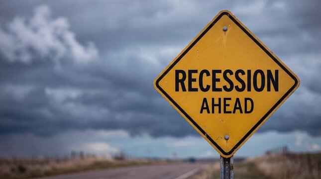 Recession ahead road sign against stormy sky, economic downturn warning, financial crisis concept, recession risk, dark clouds
