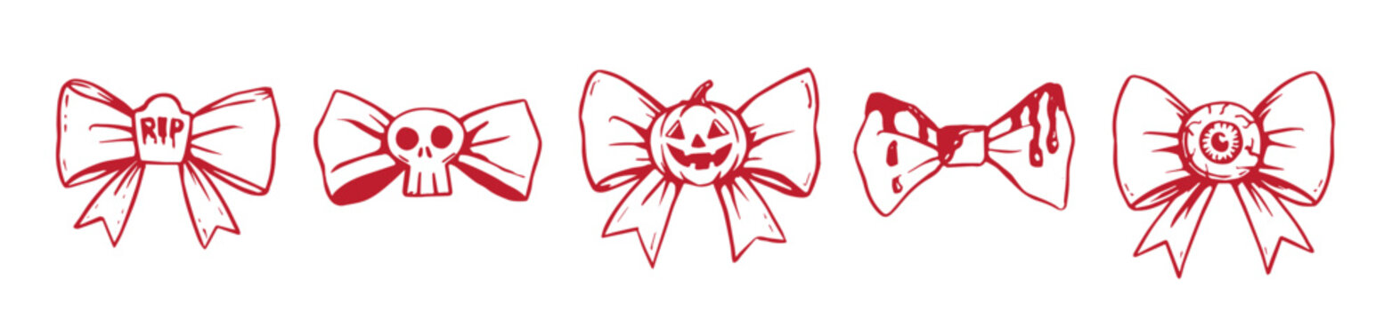 Halloween spooky bow set featuring skull, eyeball, pumpkin jack-o-lantern, RIP gravestone and dripping blood bow designs in black and white sketch style.