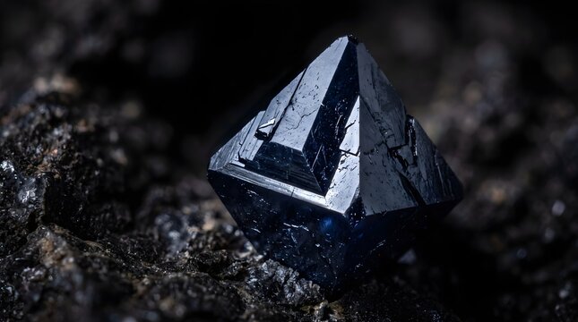 octahedral dark mineral crystal specimen, raw geometric gemstone stone close up, natural geology rock background