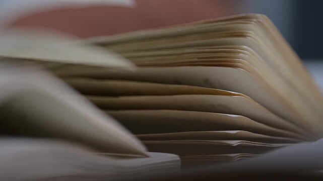 Close-up of vintage book pages, revealing the worn texture and sepia tones of the old paper
