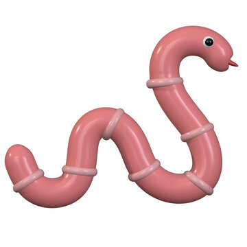 3D rendered pink earthworm viewed from the side, showing its curved segmented body, isolated on a white background. Simple invertebrate animal model for nature, biology, gardening, and educational con