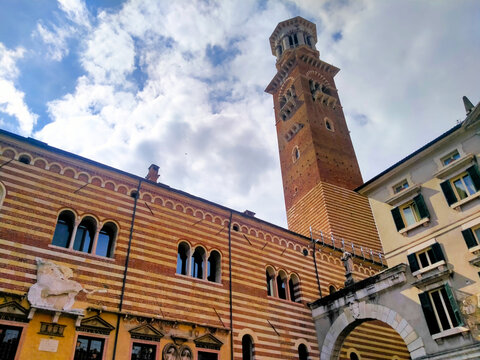 Lamberti Tower, located in Piazza delle Erbe in Verona, Italy