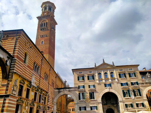 Lamberti Tower, located in Piazza delle Erbe in Verona, Italy