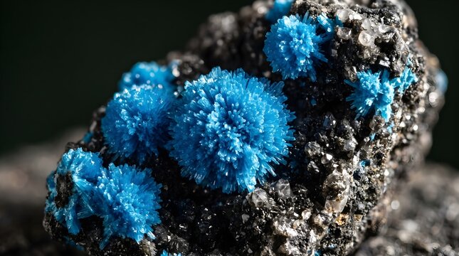 Vibrant blue cavansite mineral crystals, rare natural gemstone macro photography, rough geological rock specimen