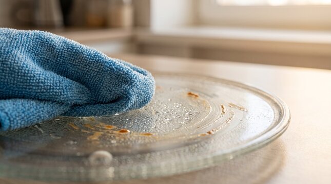 Cleaning inside of convection oven with blue cloth and glass plate  