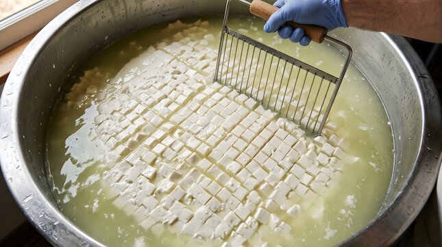 Artisanal cheesemaking process cutting curd in whey liquid, traditional cheese production in stainless vat, handmade dairy manufacturing close up