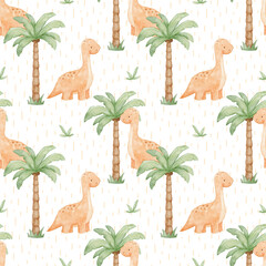 Watercolour seamless pattern with cute baby dinosaurs in pastel colors. Repeating background for textiles and wallpaper. Backdrop with prehistoric animals for kids © Elena