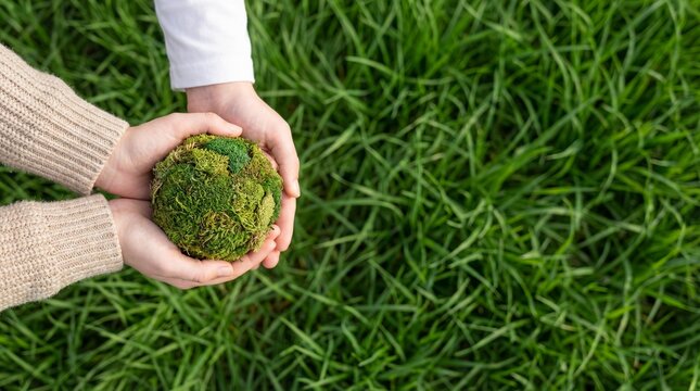 Hands Holding a Mossy Globe Over Lush Green Grass Representing Global Environmental Conservation Efforts and Sustainable Earth Awareness