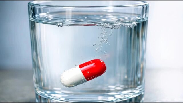 A red and white pill floating in a glass of water, suitable for medical or pharmaceutical illustrations