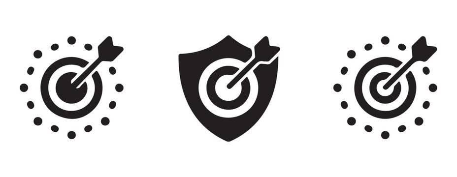Dart on target icons with protective shield for secure goals and business mission security symbols.