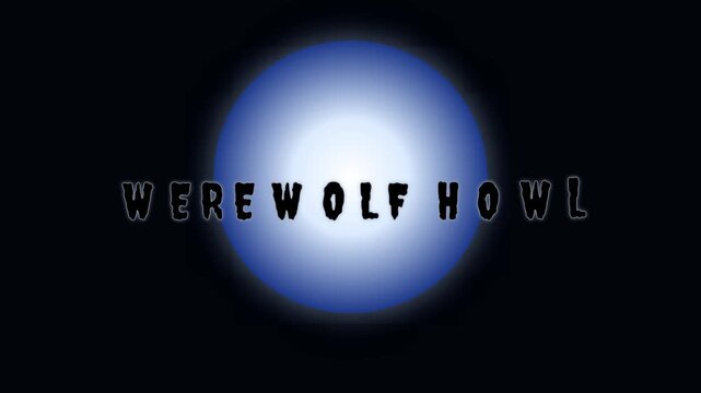 Text stretches drastically upwards mimicking a werewolf tilting its head back to howl at a giant glowing moon in the background.