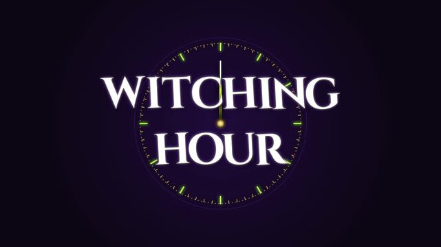 Rapidly spinning 2D clock hands freeze at midnight, spawning the text 'Witching Hour' which explodes outward from the center pivot.