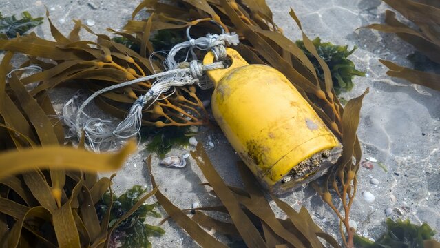 Buoy floating among seaweed on rocky shoreline with foam and sediment