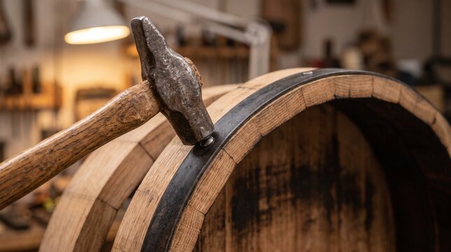 Cooper repairing a wooden barrel in a workshop with tools  