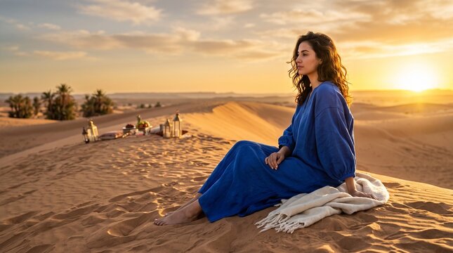 Woman in cobalt linen beside a Qatar dune picnic