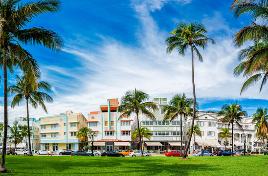 Miami Beach, Florida, USA cityscape with art deco buildings on Ocean Drive 704