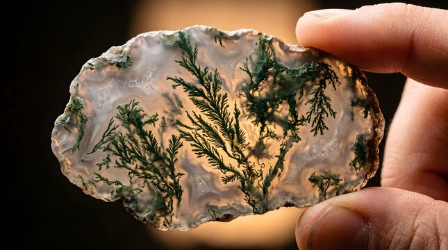 Natural moss agate stone slice held in hand, polished translucent gemstone, green mineral specimen for jewelry design