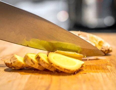 Fresh ginger root being sliced into thin pieces on a wooden cutting board with a sharp knife for culinary preparation