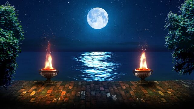 Moonlit sea with fire bowls on stone terrace at night, romantic greek style stage backdrop seamless VJ loop