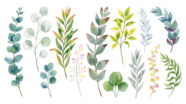 Watercolor botanical clipart set with green leaves branches and eucalyptus for wedding invitation isolated on transparent background