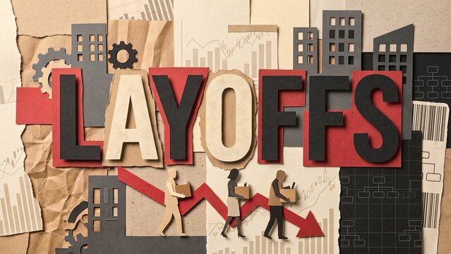 Paper cut collage with word layoffs with downward arrow and employees carrying boxes for job cuts, unemployment and economic downturn