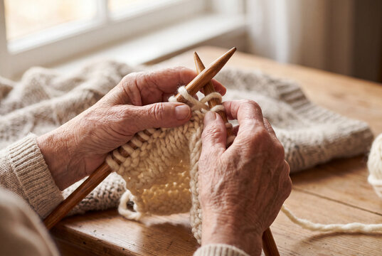Senior Woman's Hands Knitting Warm Sweater: Close-up of elderly woman's wrinkled hands skillfully knitting a cream-colored sweater with wooden needles and soft yarn, symbolizing tradition, comfort.