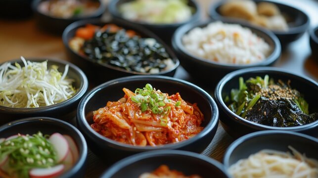 Assorted korean side dishes served in small black bowls arranged on a wooden table surface