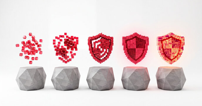 Cybersecurity shield evolution stages displaying digital data protection growth through glowing red pixel blocks
