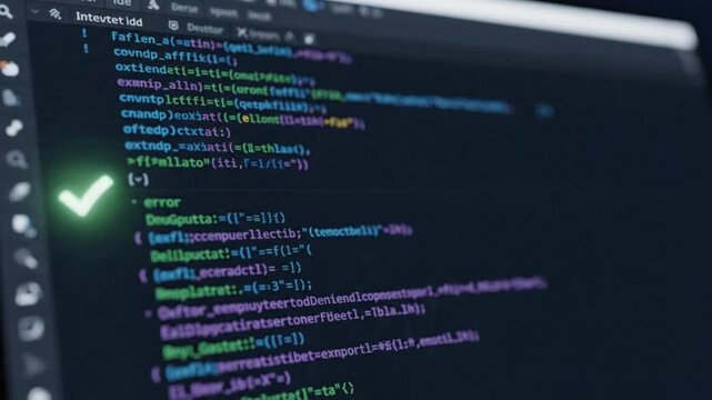 Macro Close-Up of Glowing Code Characters on Monitor with Visible Pixel Grid