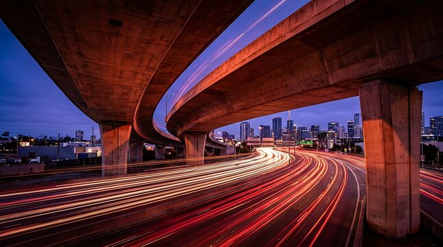 Dramatic long exposure of a city highway at night with blurred light trails