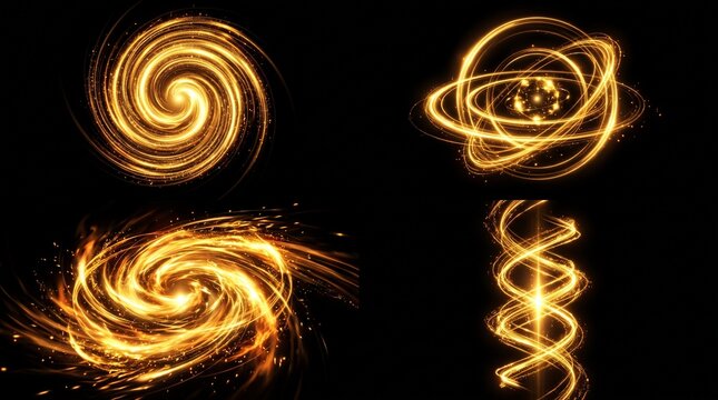 Set of four glowing abstract light effects on a black background. Golden luminous spirals, rings, vortexs and a vertical helix. Futuristic energy vortex and motion trail design elements