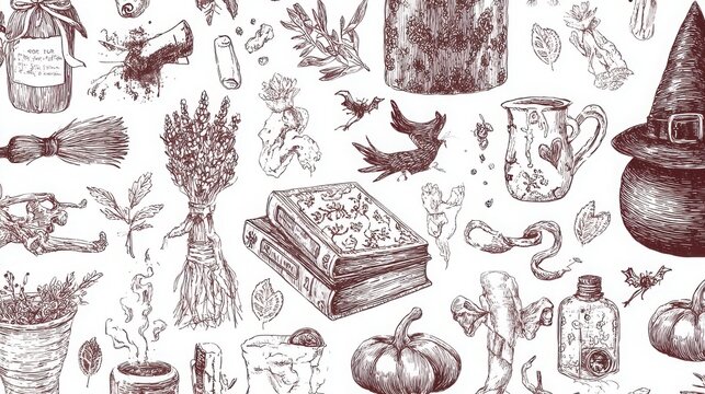 Halloween witch items line art illustration with magic books and