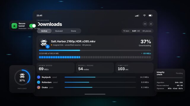 Tablet interface showing torrent file downloading with security status and metrics