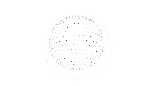 Minimalist rotating wireframe globe with connecting data nodes and network arcs