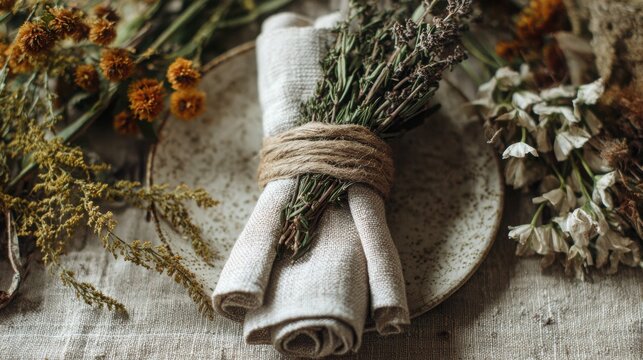 Linen napkin wrapped with dried herbs on a rustic ceramic plate