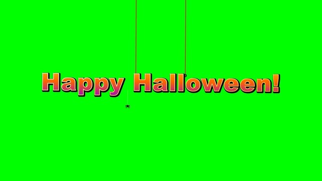 Green screen background with a smaller Happy Halloween! text dropping from the top and bouncing as if hanging from elastic ropes, while swinging back and forth like a pendulum.