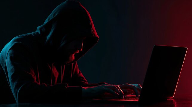 Anonymous hooded hacker typing on laptop keyboard with dramatic red and blue neon lighting in dark room